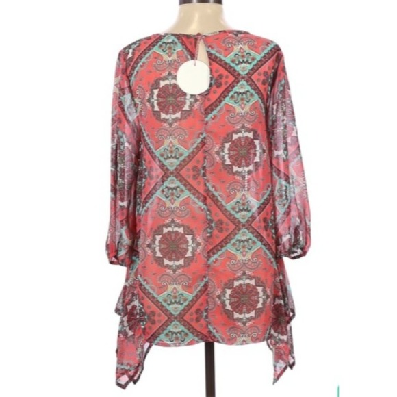 Umgee Womens Top Small BOHO Asymmetrical Hem Cut Out Neckline Sheer Blouse - Picture 3 of 4